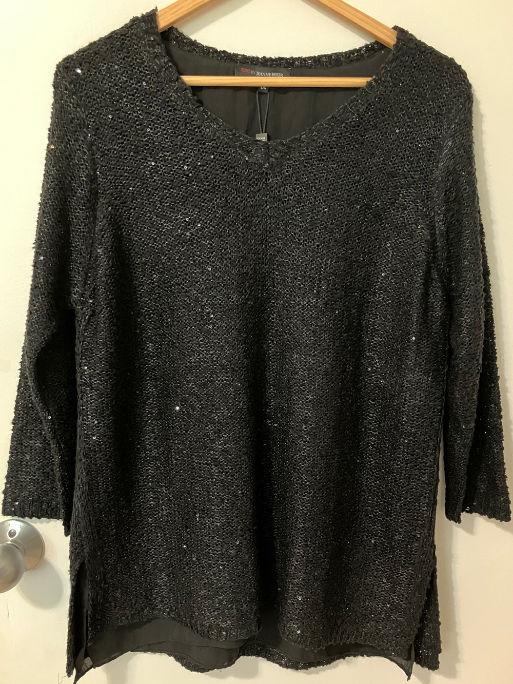 NWT Black Sequin Knit V-Neck Sweater